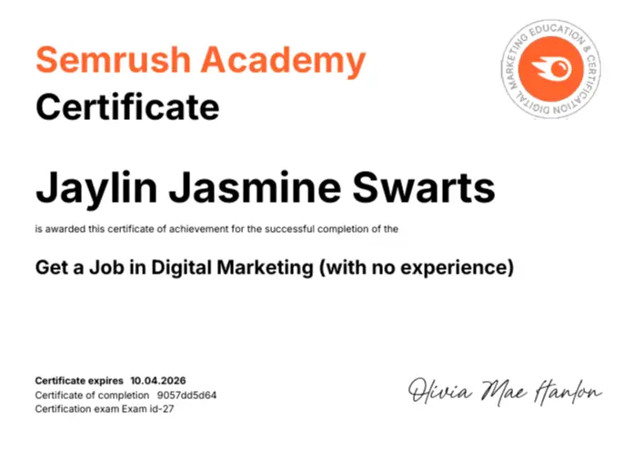 Jaylin Swarts SEMrush Certificate