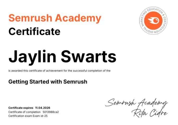 Jaylin Swarts SEMrush Certificate