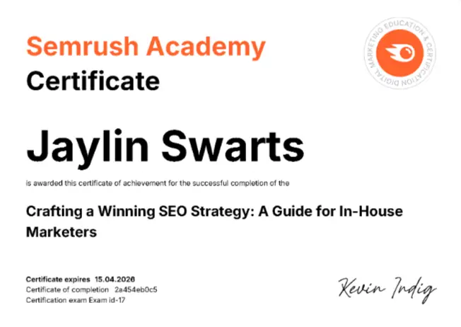Jaylin Swarts SEMrush Certificate