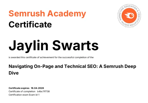 Jaylin Swarts SEMrush Certificate