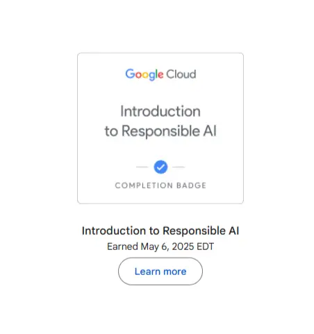 Badge awarded to Jaylin Swarts for completing the Introduction to Responsible AI course on Google Cloud Skills Boost