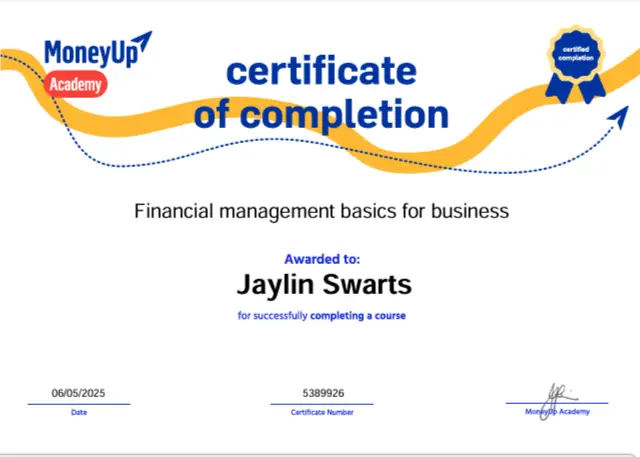 Certificate of completion for Jaylin Swarts – Financial Management Basics for Business course from Capitec Money Up.